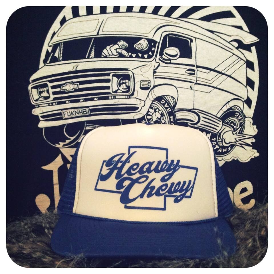 HEAVY CHEVY BLUE & WHITE TRUCKER HAT van g10 vandura grill patch shirt shorty