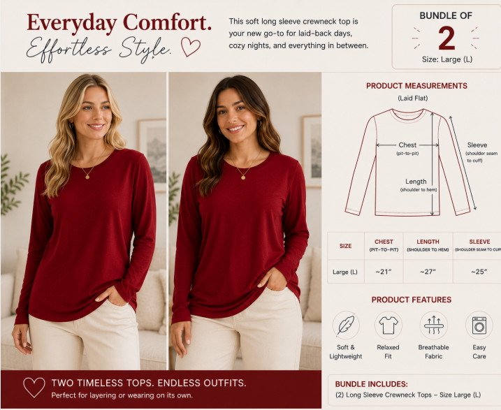 2 Pack-Women’s Red SUPIMA Cotton-Long Sleeve – A New Day T-Shirts Sizes S/M/L