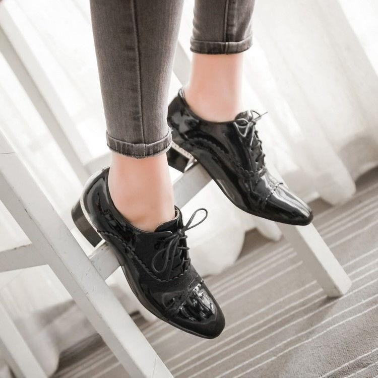 Women Sweet Pointy Toe Shoes Patent Leather Pumps Mary Jane Chunky Heel US4-US12