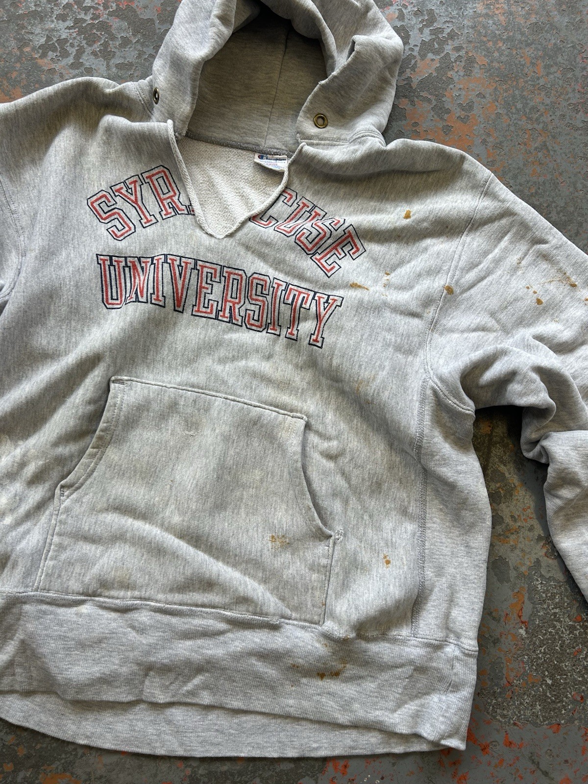 Vintage 80s Champion Reverse Weave Hoodie Syracuse College After Hood Warmup Lg