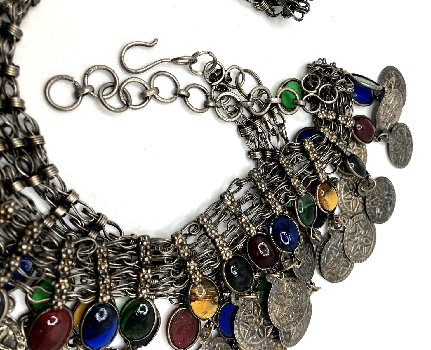 Vintage Silver-Toned Belly Dancer Belt with Multi-Color Cabochons 37″-41″