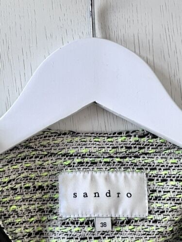 Sandro Green Tweed Jacket with Black Leather Trim – Size 36 (UK 8)