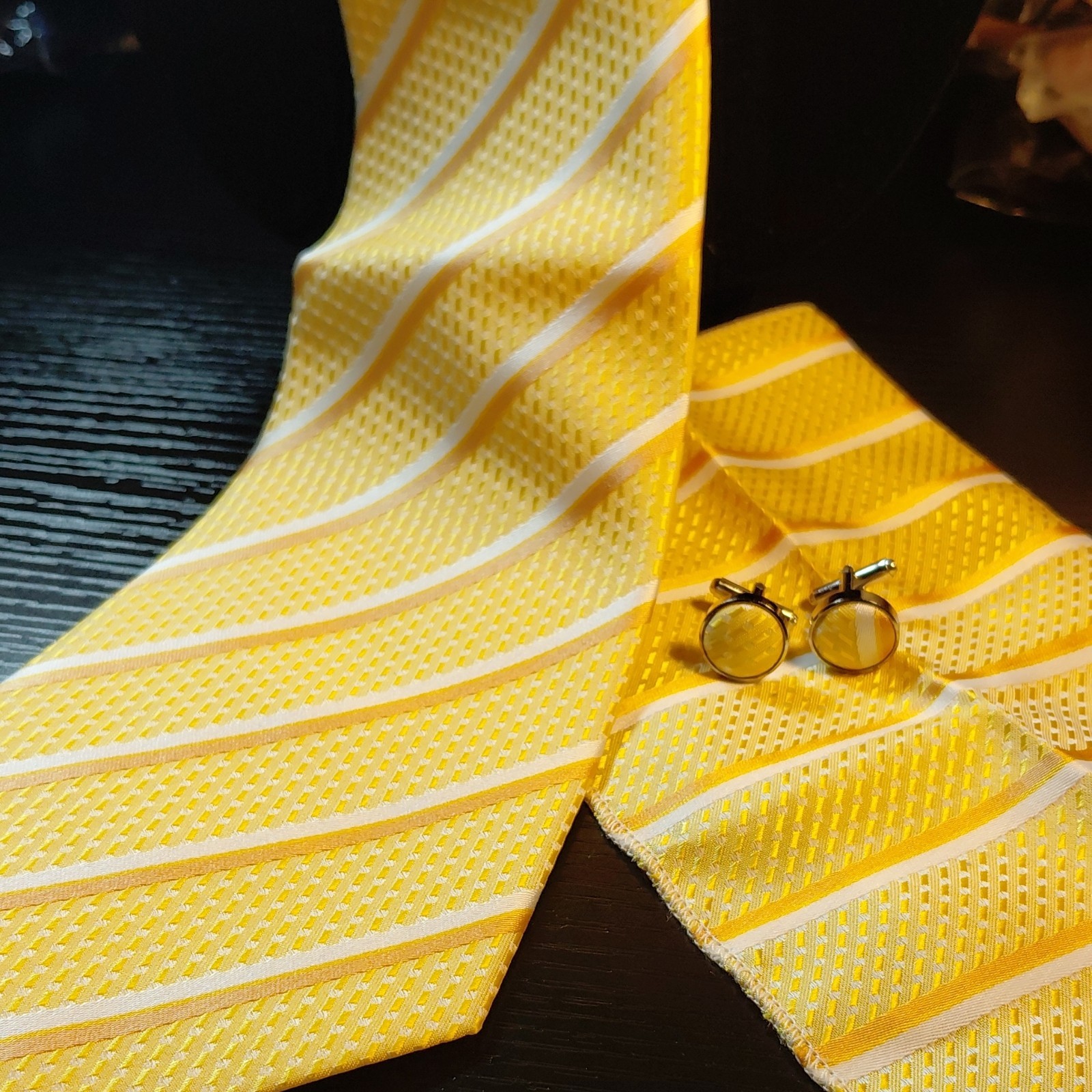 Men’s Yellow/White Striped Woven Necktie, Pocket Square Cufflinks 3pc
