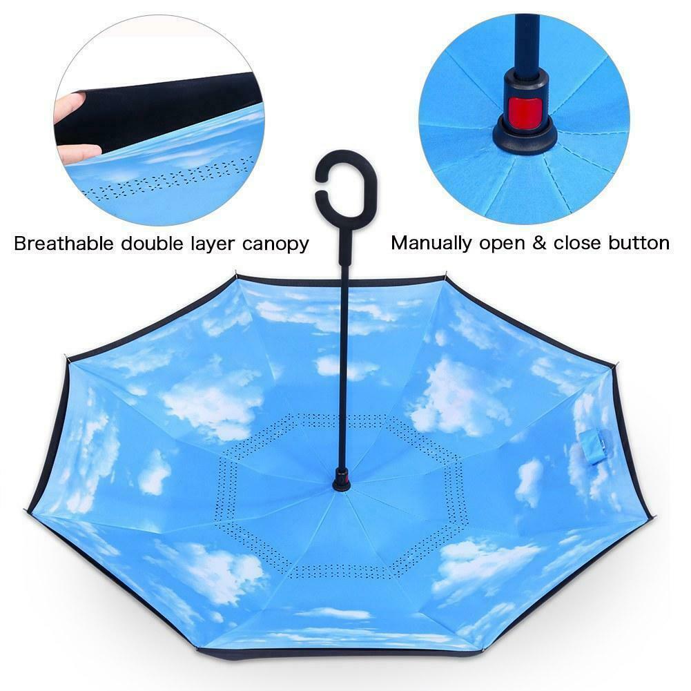 C-Handle Inverted Reverse Umbrella, Flower/City/Unicorn, Inside-out, Upside-down