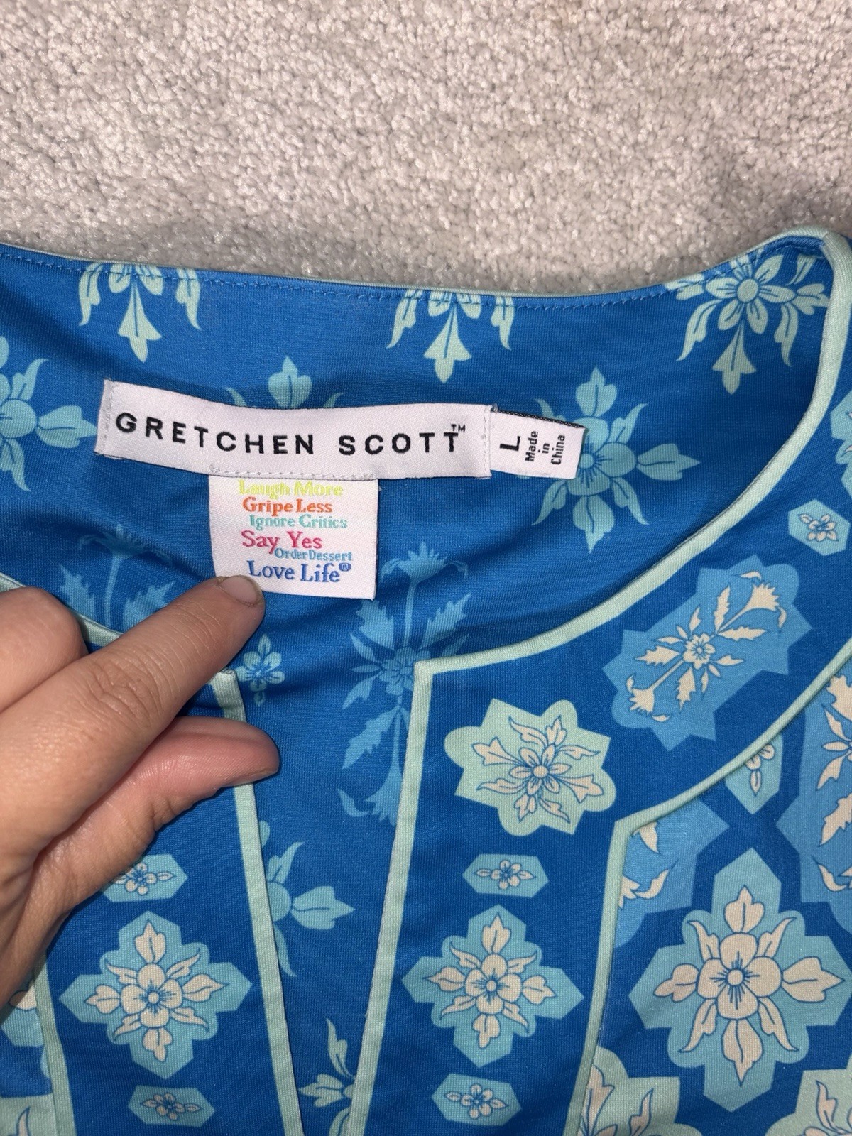 Gretchen Scott Split Neck Jersey Dress Turquoise Geometric Print Large