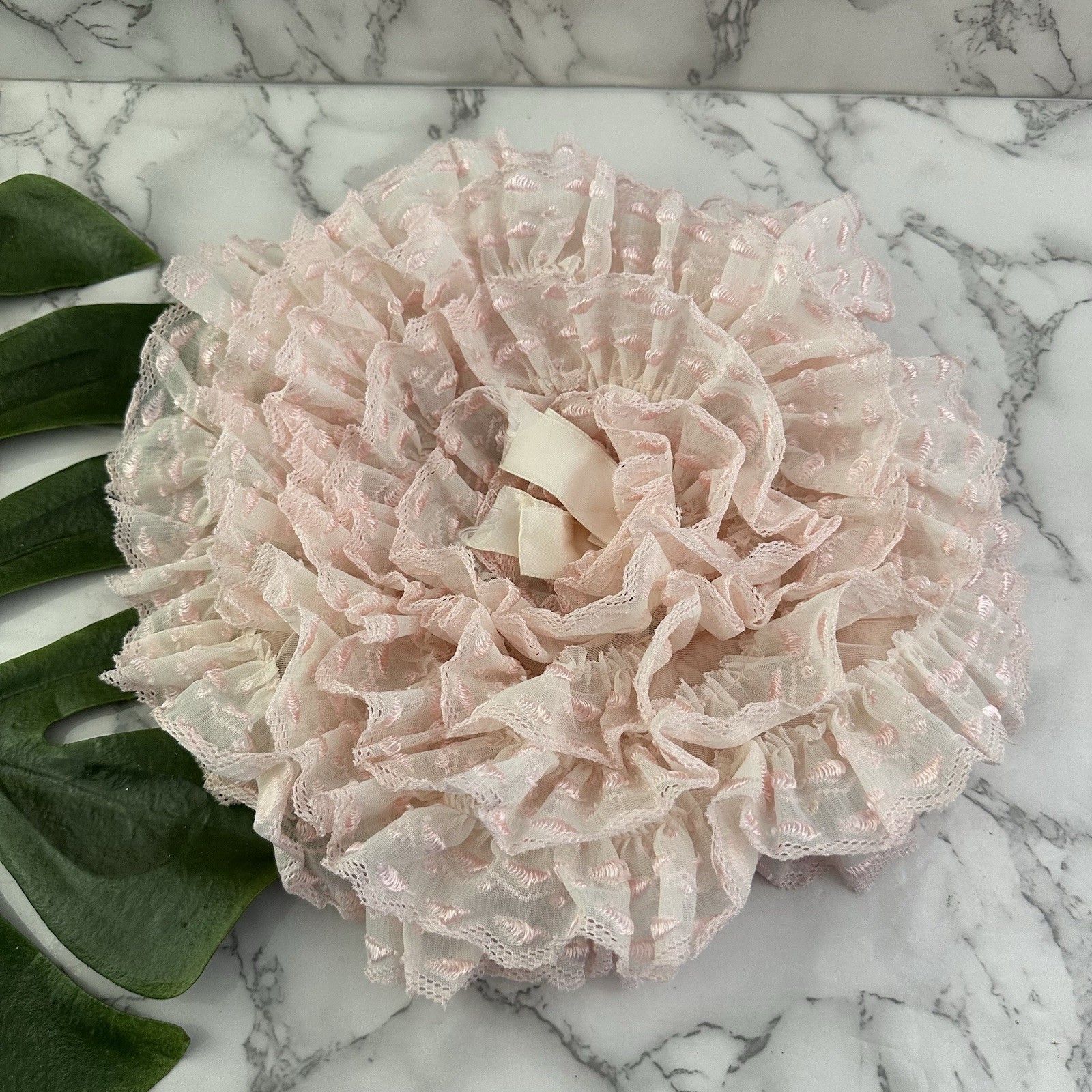 Vintage 60s Ruffle Bonnet Night Cap Hat One Size Pastel Pink Lace Frills