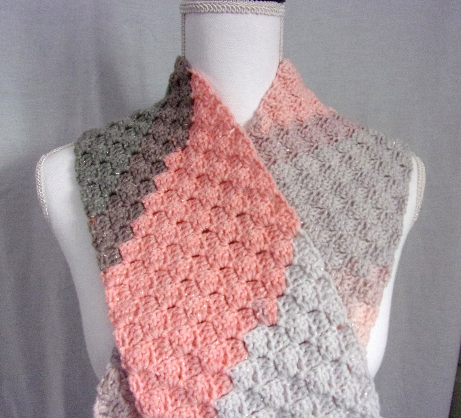 Crocheted Ladies Scarf Scarves & Wraps ~’Nova’ Peach/Gray Buyer’s Choice 58″ 42″