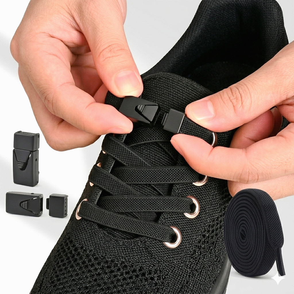 No Tie Shoelaces Black Elastic Polyester Laces with Plastic Press Lock Adult Kid