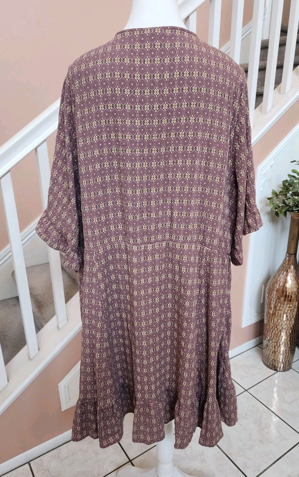 TORRID Mauve Print Crochet Trim Lace Up Short Sleeve Boho Dress Sz 3 3X 22-24