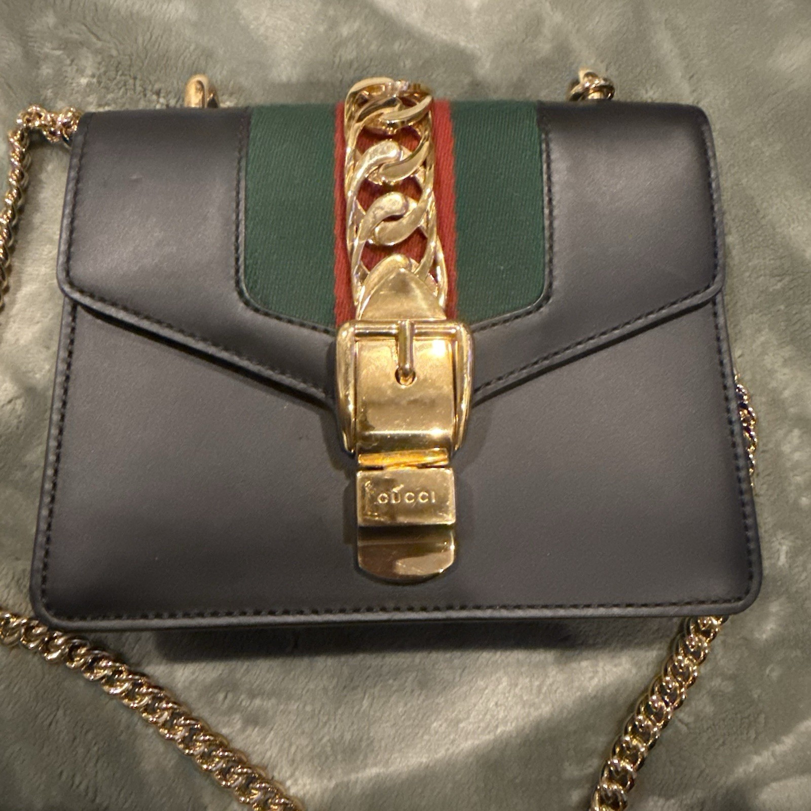 Gucci Sylvie Small Black Leather Web Stripe Gold Chain Shoulder Bag 421882