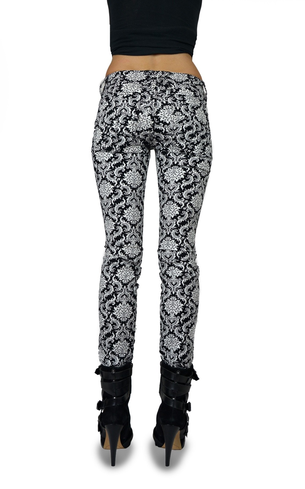 TRIPP EMO GOTH PUNK ROCKER WHITE/BLACK BROCADE JEAN PANTS SKINNY METAL IS6235P