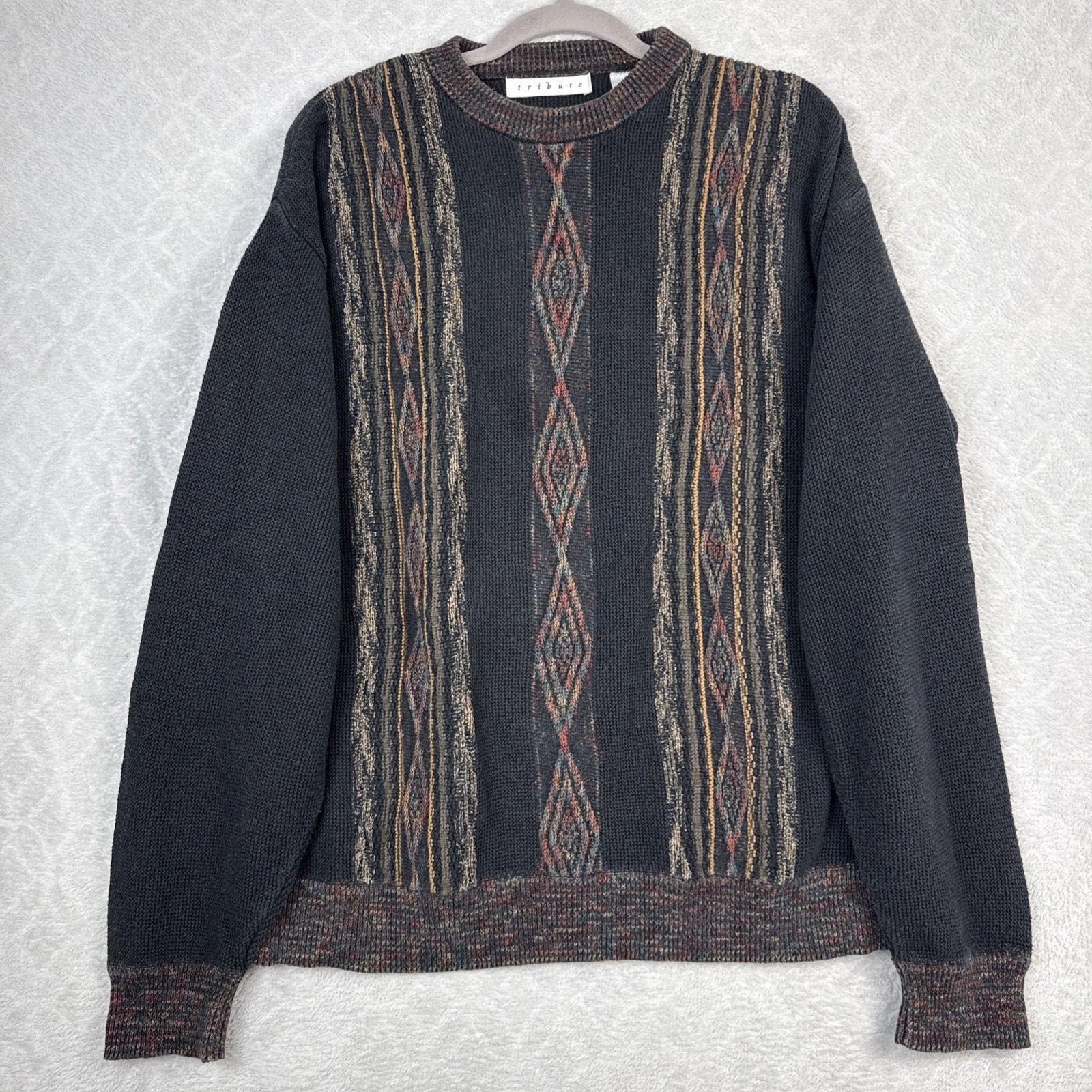 Vtg 3D Knit Crewneck Sweater Mens L Geometric 90s 80s Hip Hop Cosby Grunge Coogi