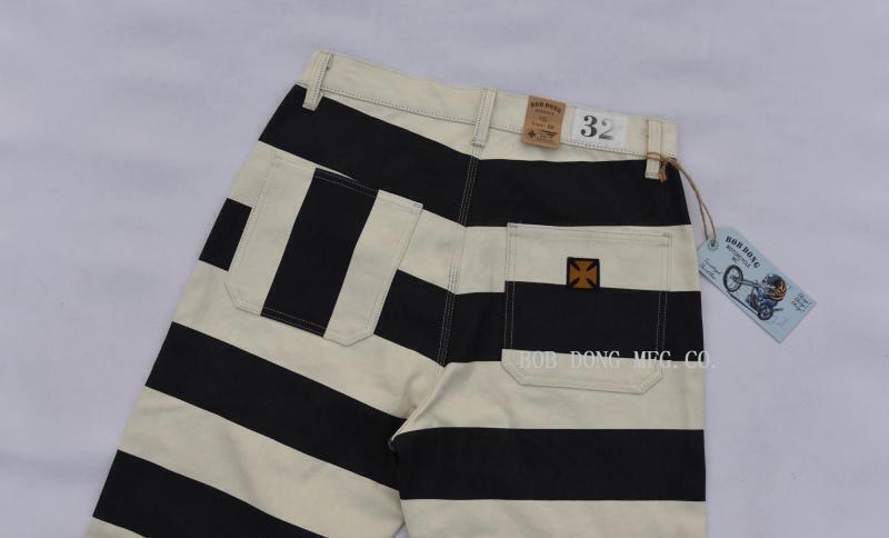 BOB DONG Retro Prisoner Striped Motorcycle Pants Men Casual Biker Trousers Thick