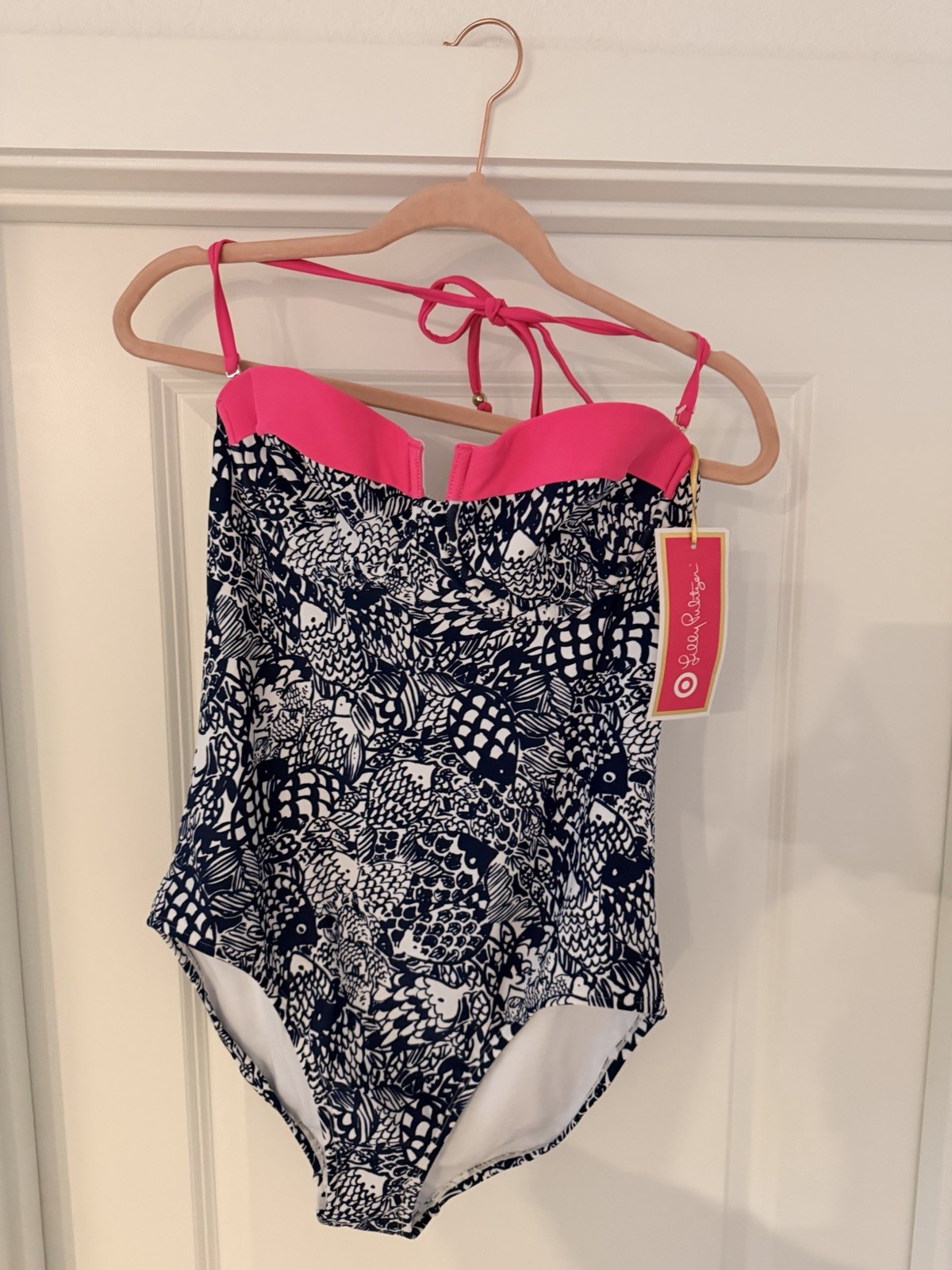 Lilly Pulitzer One-Piece Swimsuit Navy Fish Print with Pink Accents