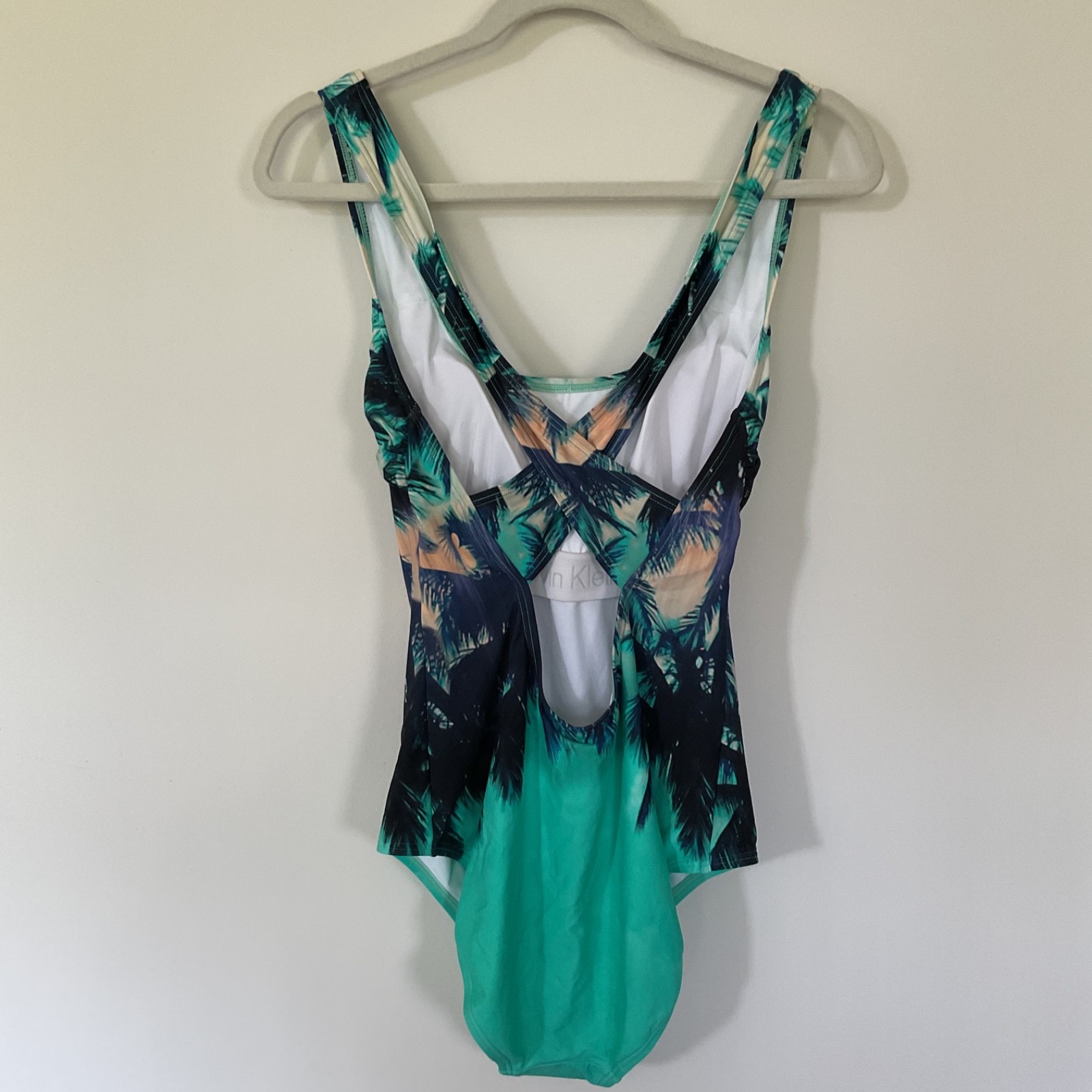 Calvin Klein Good Vibes Palm Tree One Piece Swimsuit XL Tropical Teal Green Navy