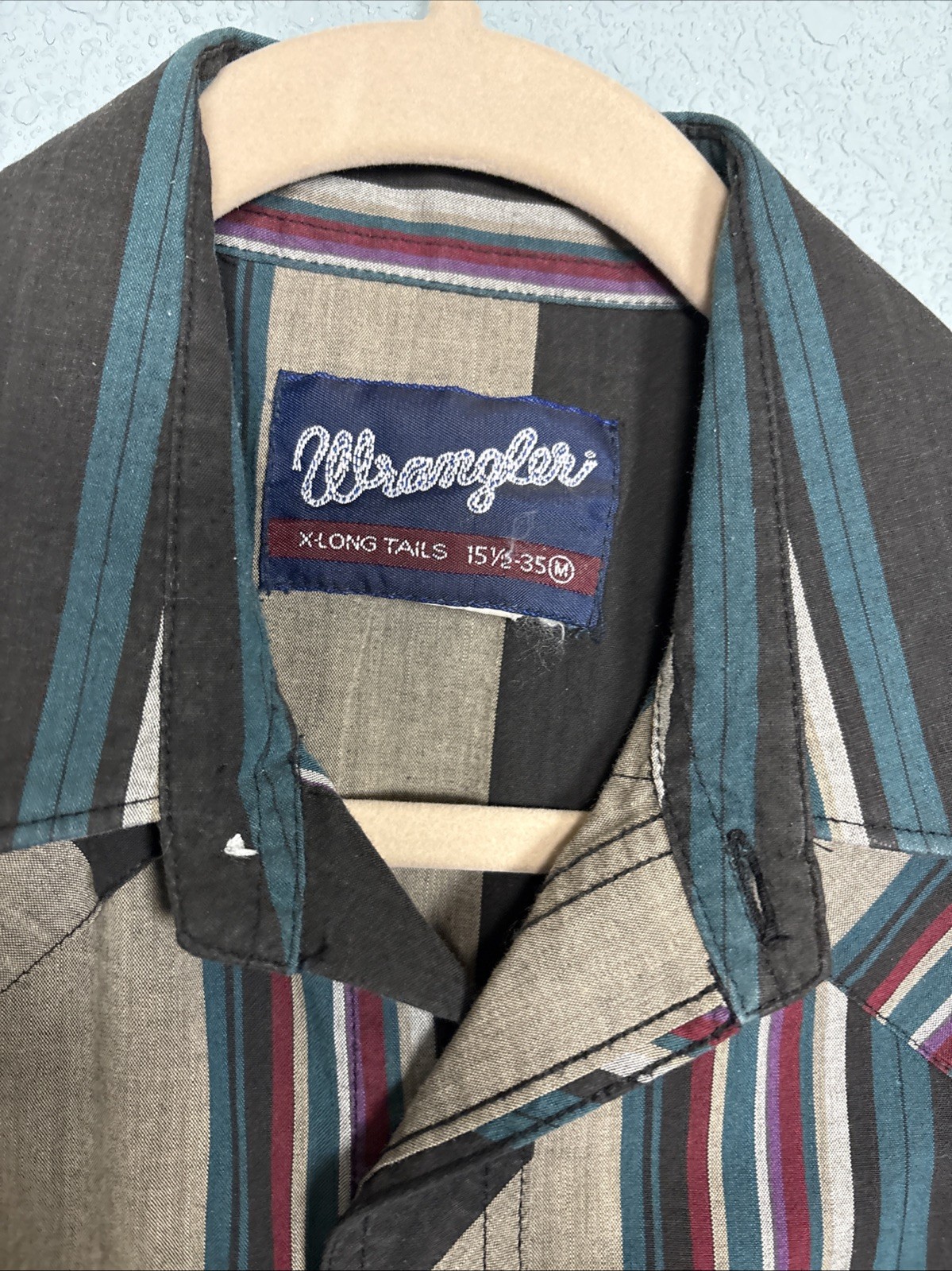 Vintage Wrangler Western Shirt 15 1/2-35 M Striped Pearl Snap X-Long Tails
