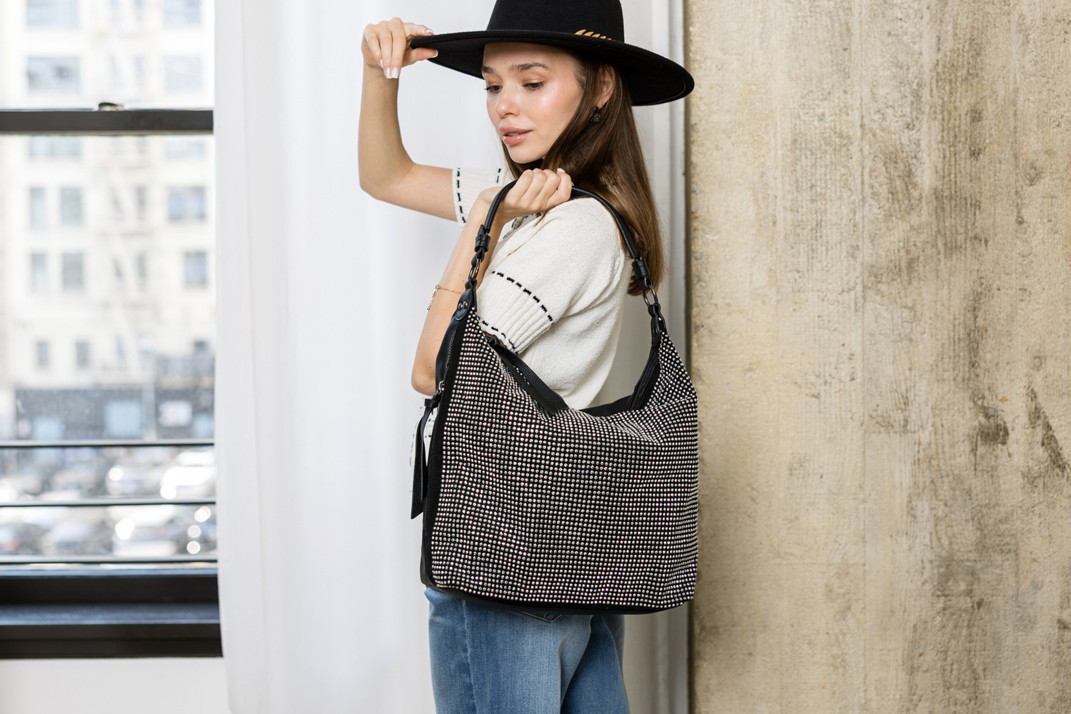 Rhinestone Hobo Handbag Women Sparkly Crystal Shoulder Bag Crossbody Faux Leathe