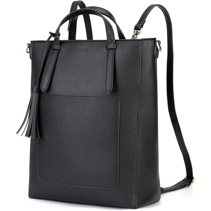 ECOSUSI Black Vegan Leather Convertible Backpack Tote Bag Laptop Briefcase