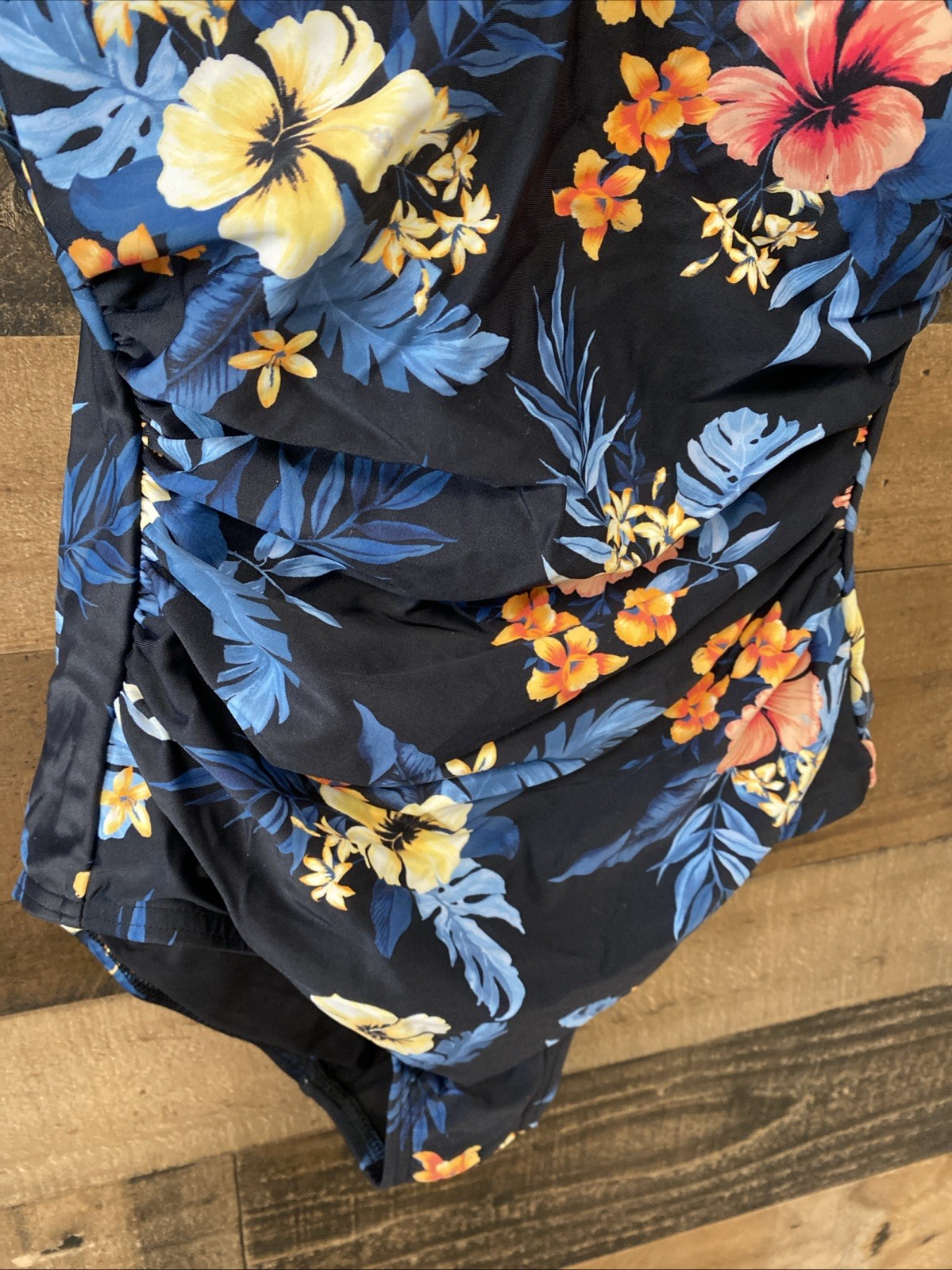 Lands’ End Ruched Sweetheart One Piece Swimsuit Black Tropical Size S 6-8 New