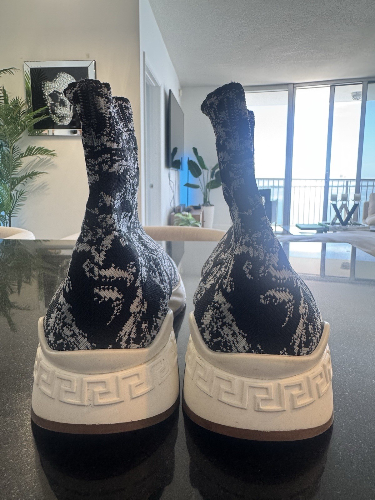 Versace Sock Sneakers Pull On Black White Logo Knitted Fabric Casual Shoes Men