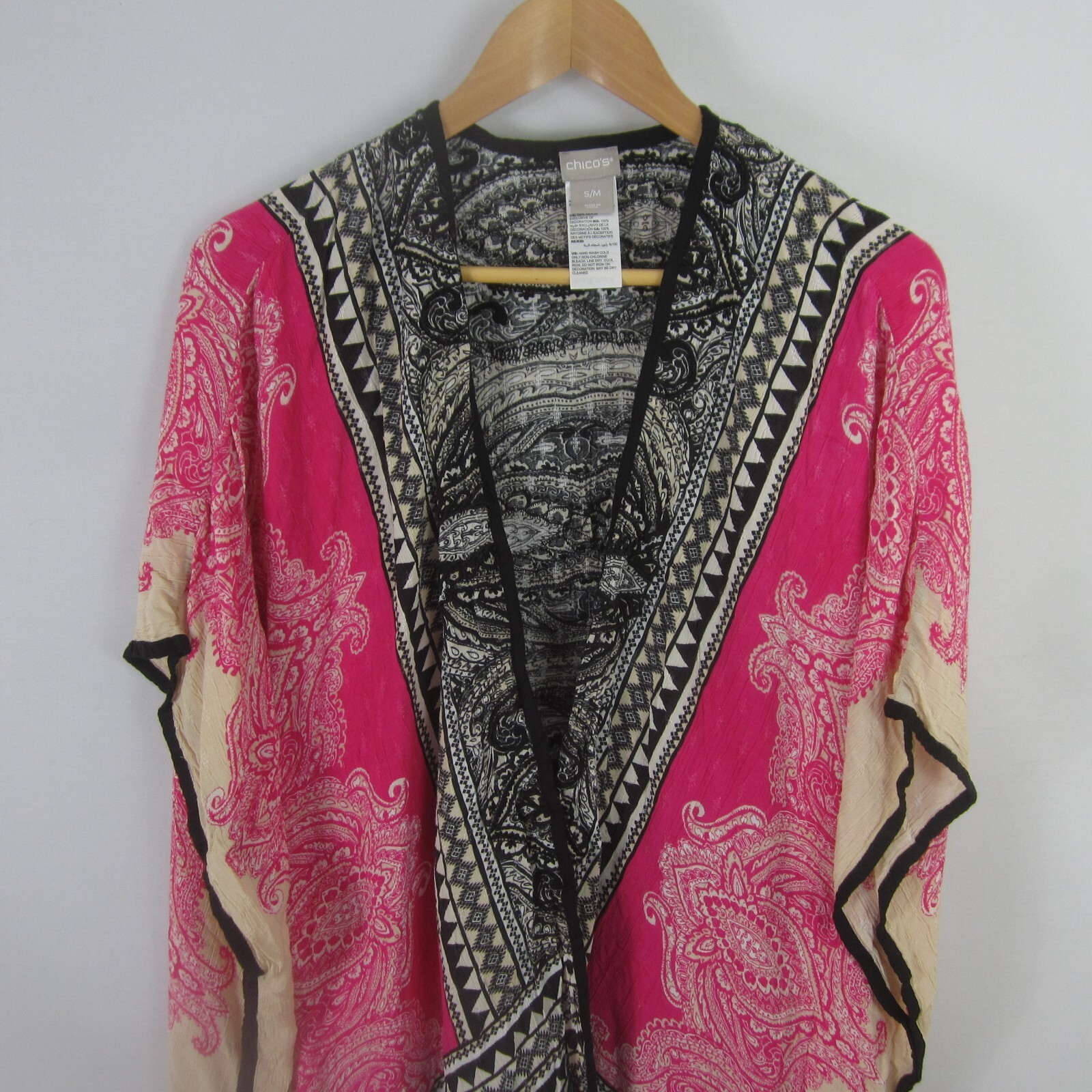 Chicos S / M Pink Black Beige Embroidered Open Front SS Cardigan Boho Paisley