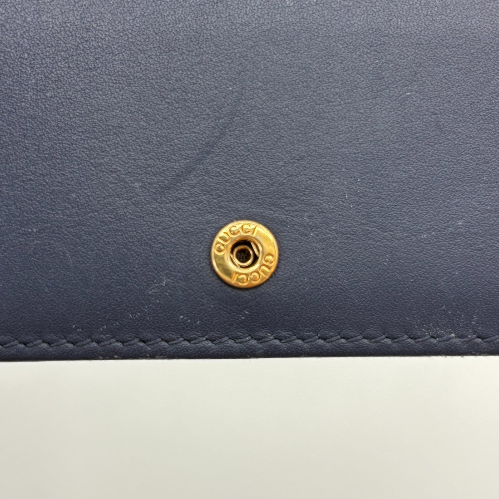 Gucci GG Marmont Wallet Denim Pearl Studs Compact Trifold Blue Leather Auth