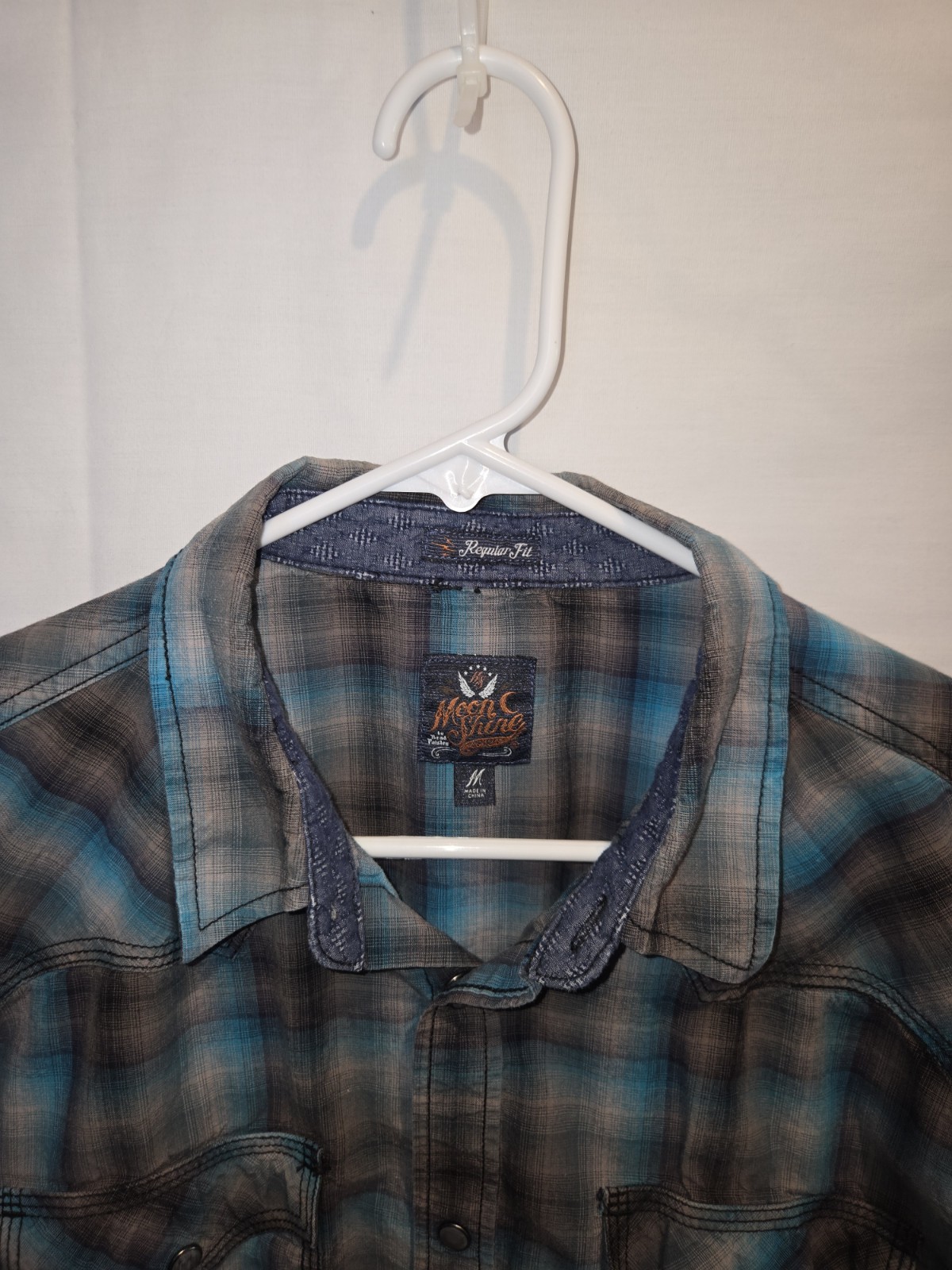 Moon Shine Spirit Men’s Gray Blue Plaid Shirt Snap Western Long Sleeve M