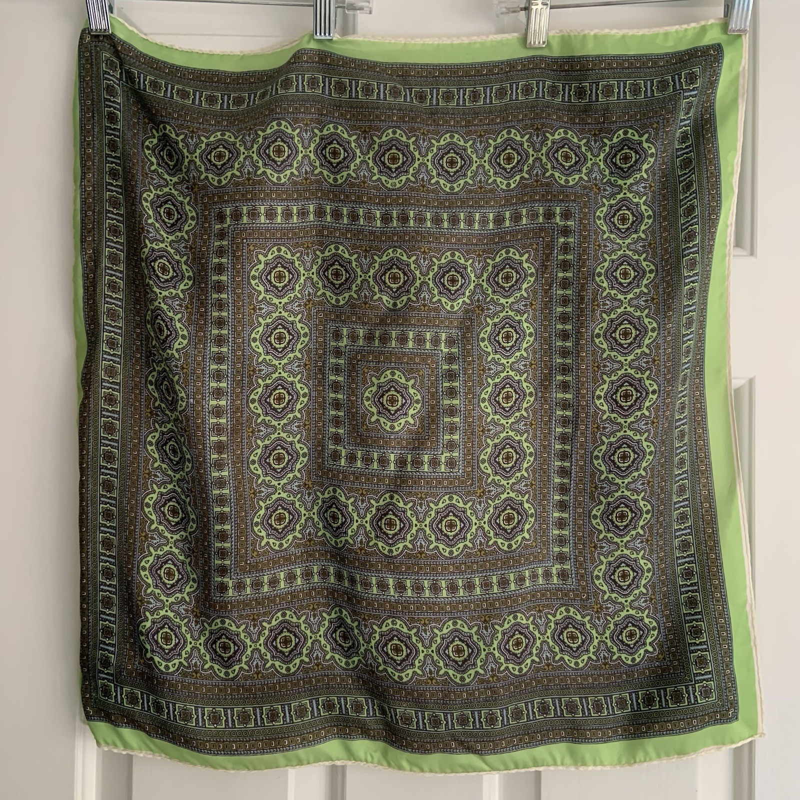 vintage 23in square Lime Green Medallion print rolled edge scarf