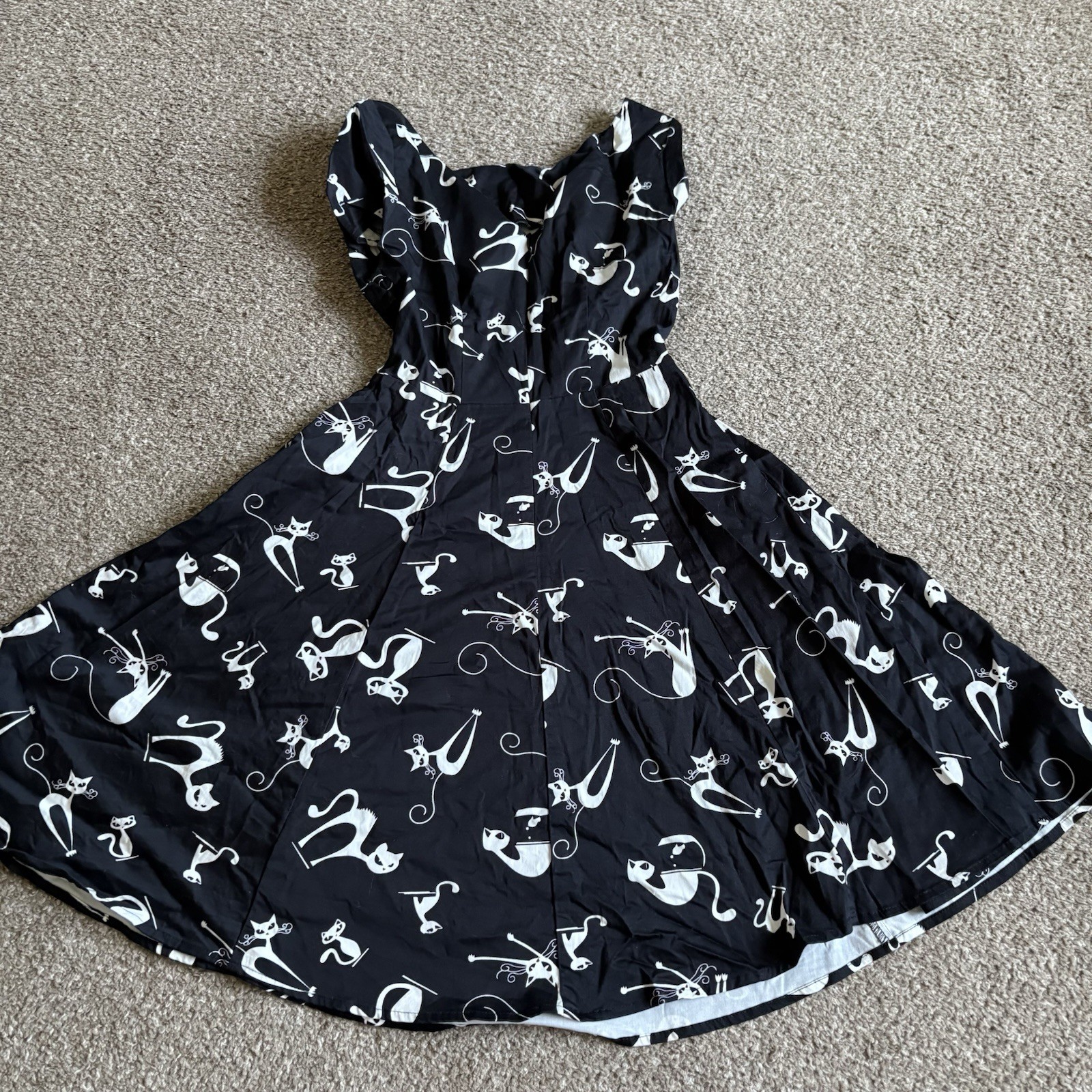 Ixia Cat Print Fit & Flare Rockabilly Dress – 1950s Style Midi, Size Medium