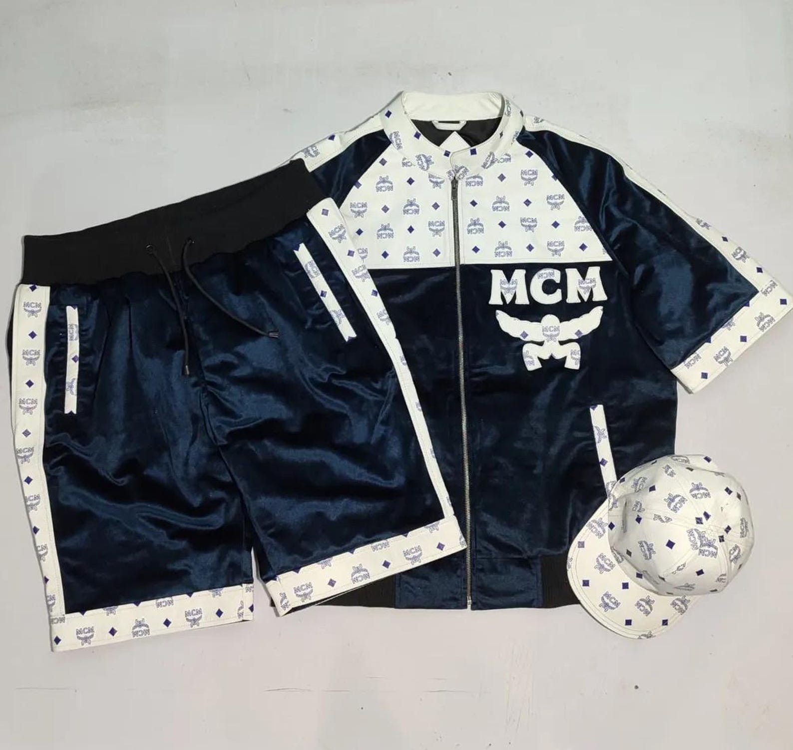MCM Blue & White Leather Tracksuit Jacket & Shorts & cap Monogram Logo Tracksuit
