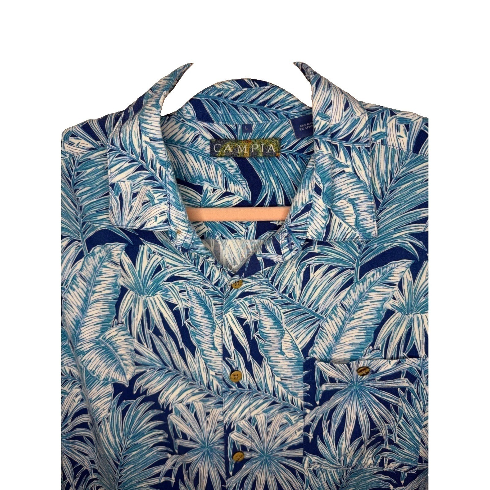 Campia Mens Large Blue Hawaiian Aloha Tropical Palm Leaf Rayon Button Down Shirt