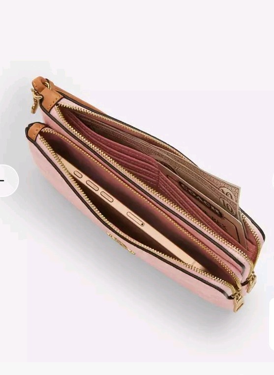 New Coach Double Zip Wristlet In Powder Pink Signature Canvas With Charms