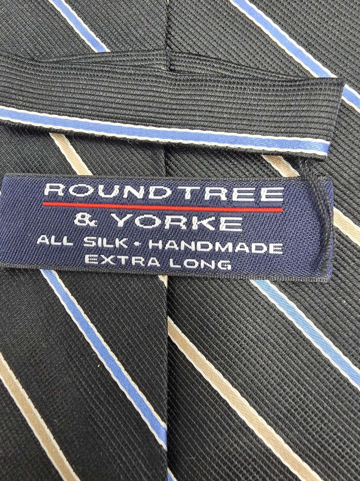 Roundtree & Yorke Extra Long 100% Silk Striped Black Blue Beige Repp Tie Woven