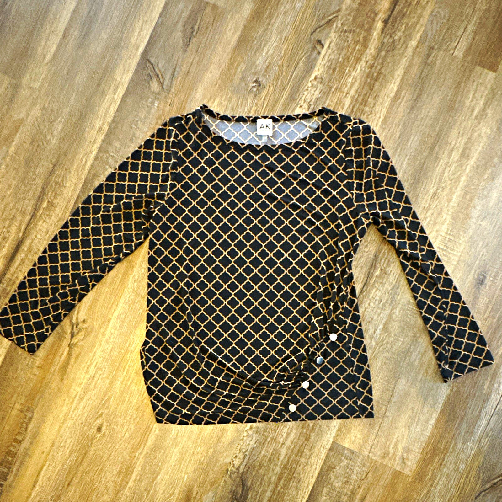 Anne Klein Women’s Black Beige Geometric Round Neck Pullover Top 3/4 Sleeve L