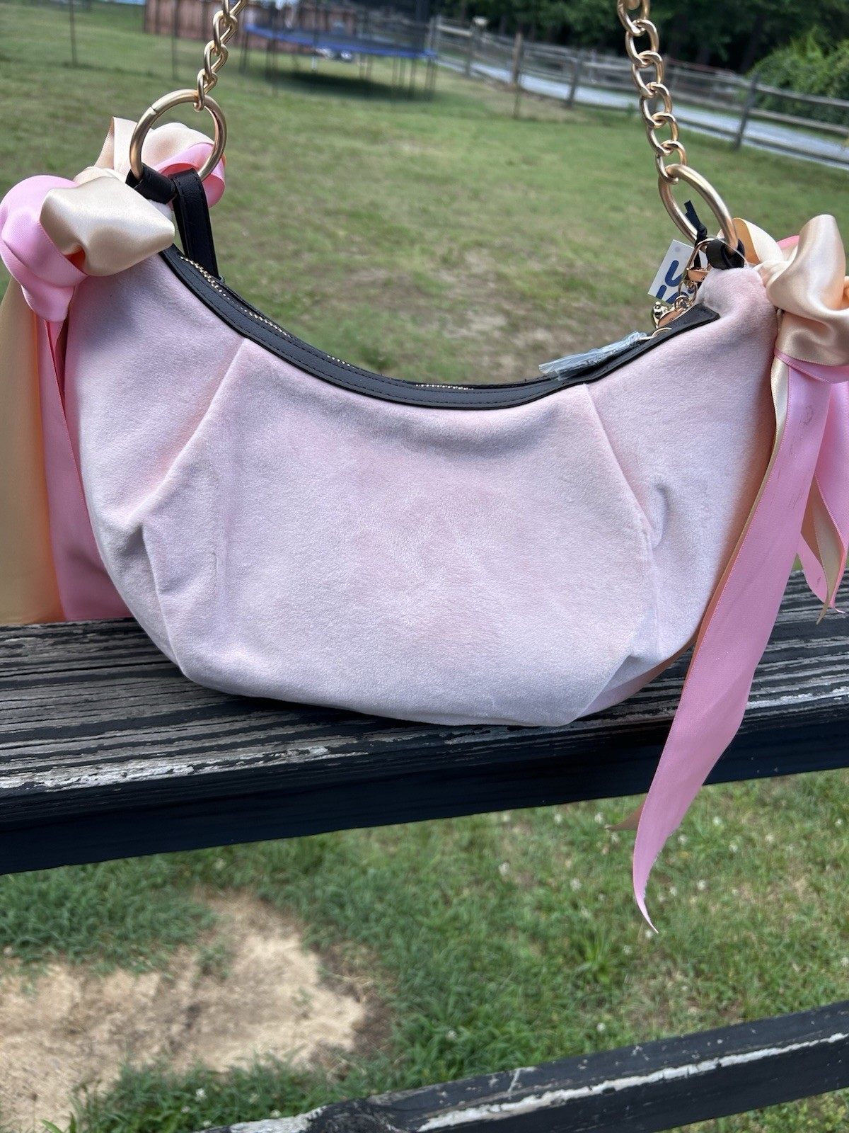 Juicy Couture Need More Juicy Pink Clay Velour Hobo Bag with Custom Gothic Crest
