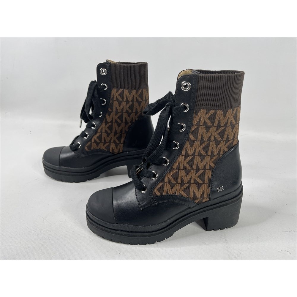 Michael Kors Brea Black Leather & Brown Logo Jacquard Combat Boots 6M