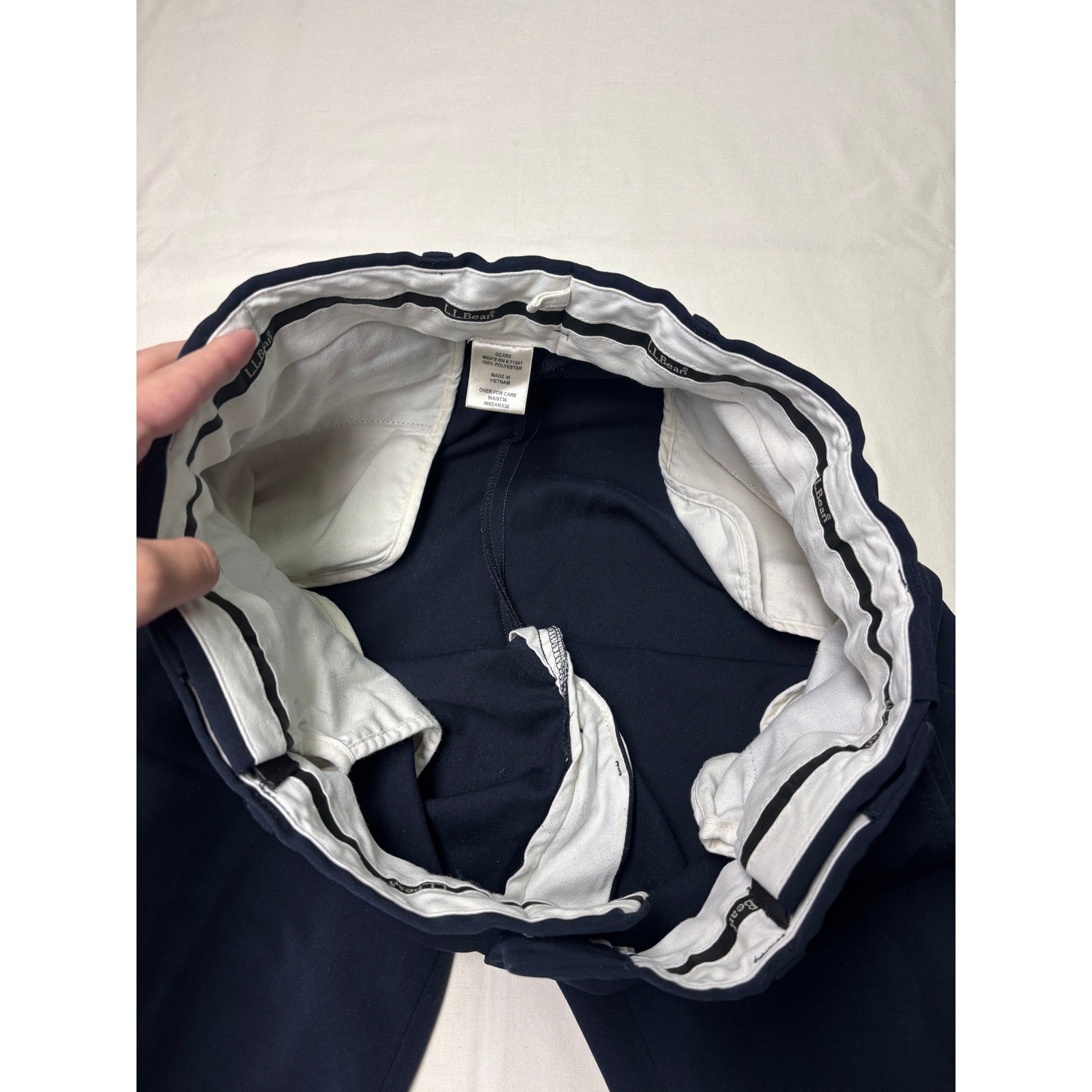 LL Bean Mens Navy Polyester Dress Pants Waist 36 Inseam 30 Flat Front YKK Zip