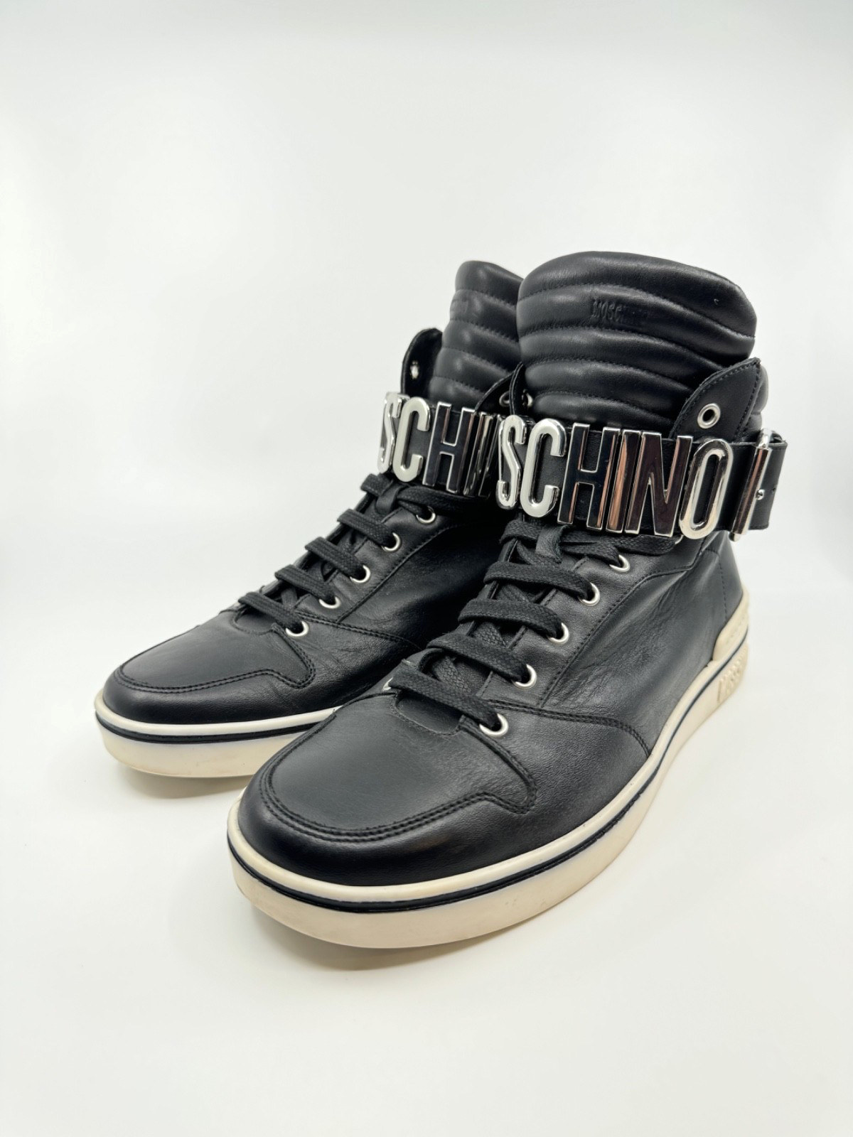 Moschino Mens Leather High Top Sneaker Logo Belt Buckle EU 43 US 10