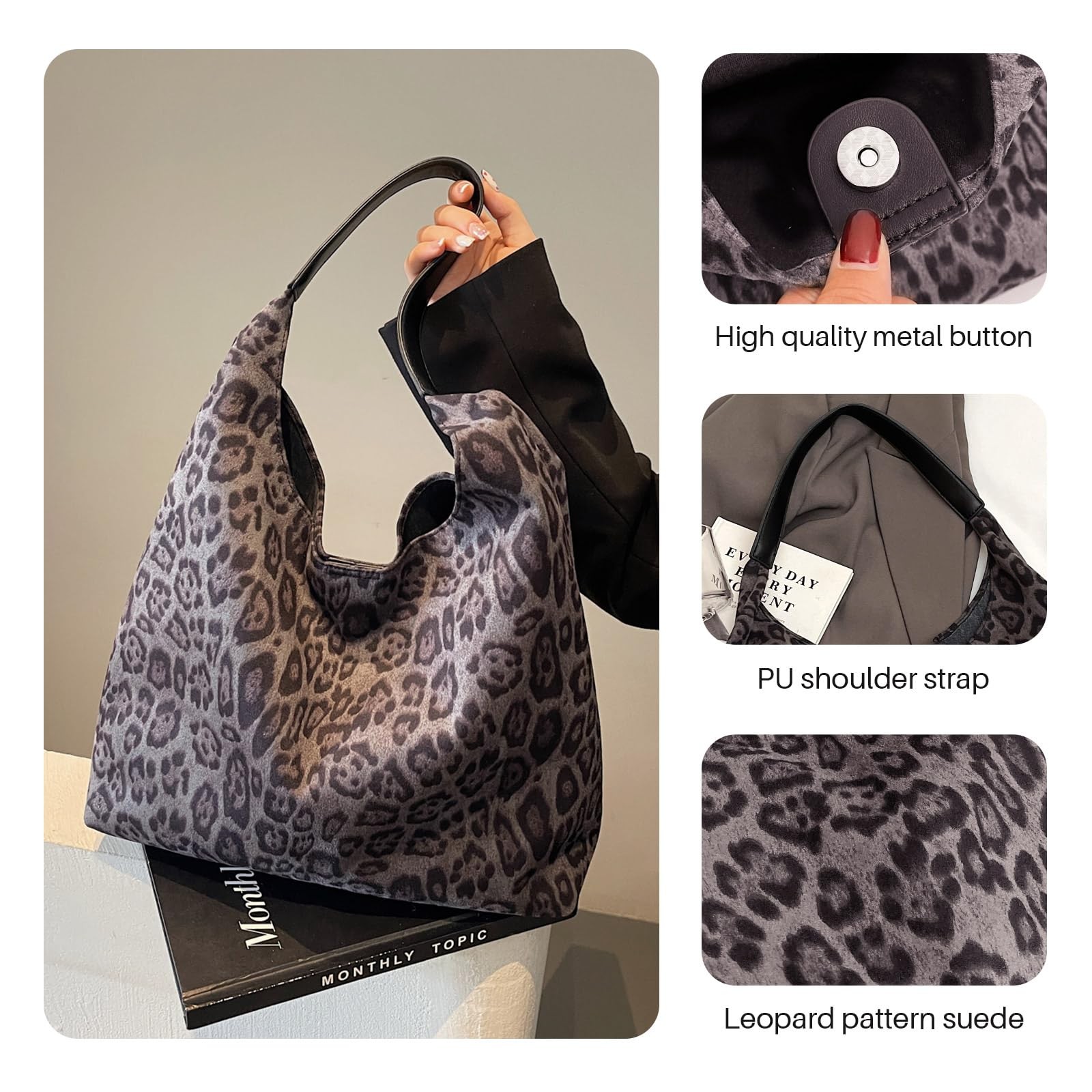 Leopard print purse for women，suede Leather hobo tote bag， cheetah print shou…