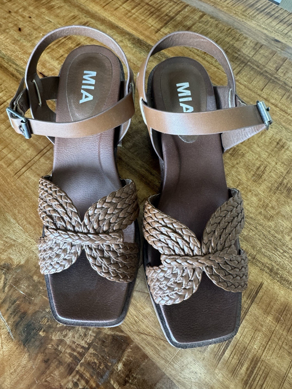 MIA Women’s Brown Braided Strappy Ankle Strap Buckle Block Heel Sandals