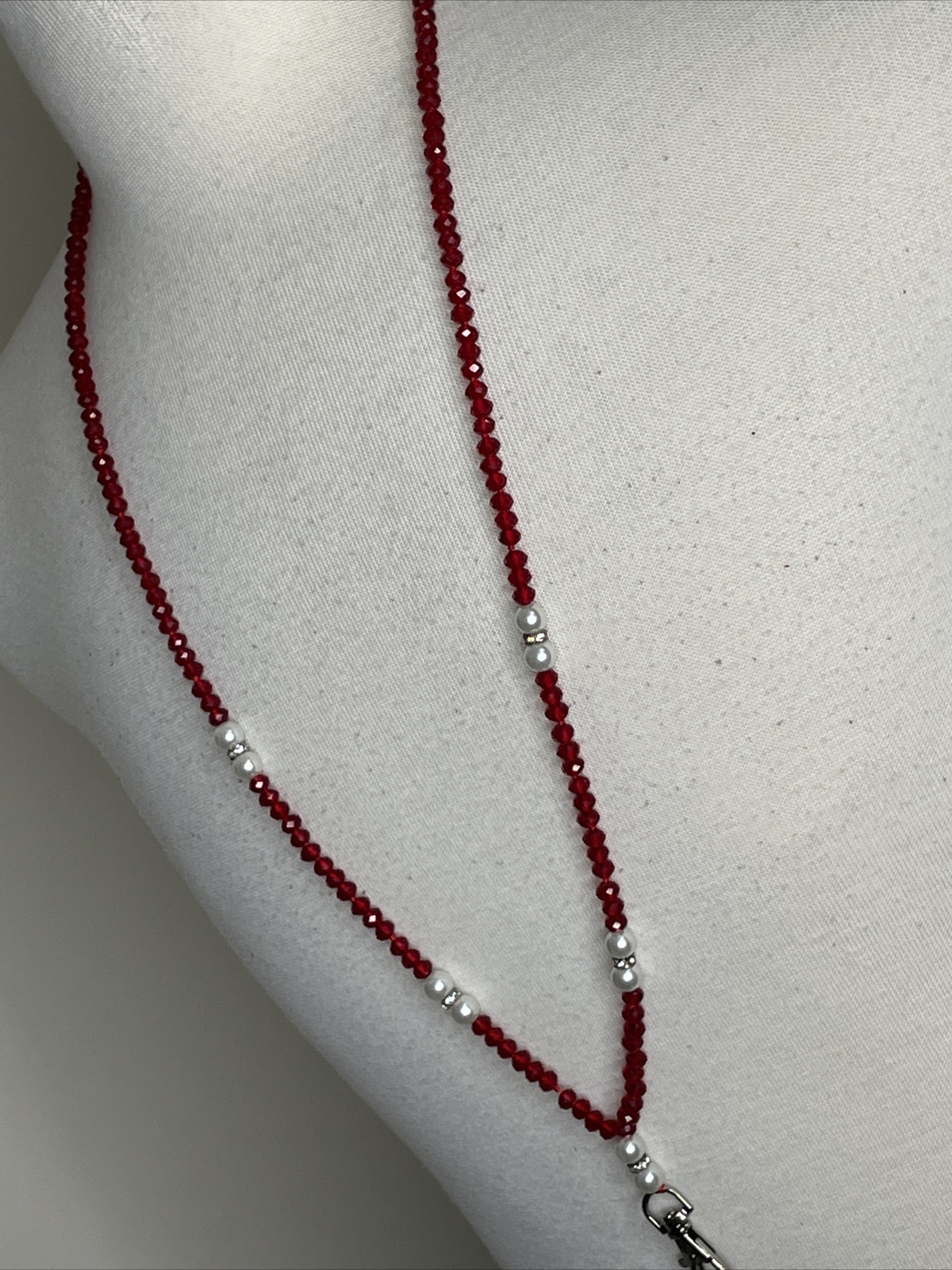 Crystal Lanyard Or Eyeglass Chain Red Crystal Pearl Rhinestone Beads 34” Strand