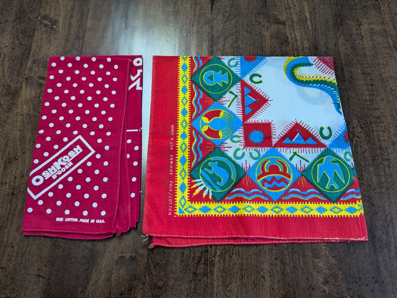 LOT/2 VTG/USA Cotton Fabric BANDANAS w/different PRINTS. PREOWN