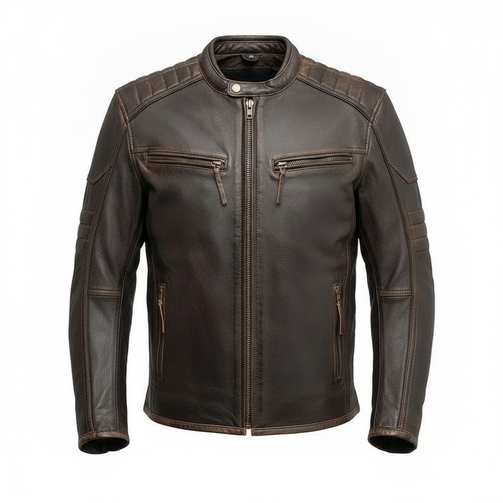 Men’s Distressed Brown Real Leather Motorcycle Biker Jacket Cafe Racer Vintage