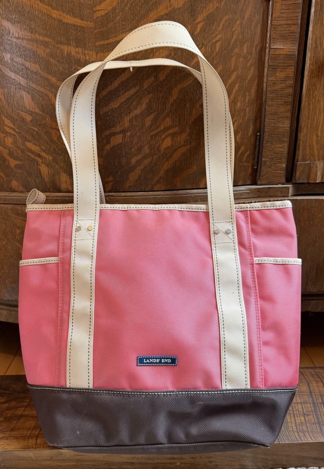 Pink Lands End Canvas Nylon Tote Bag Monogram 13in TMM Perfect Pockets White