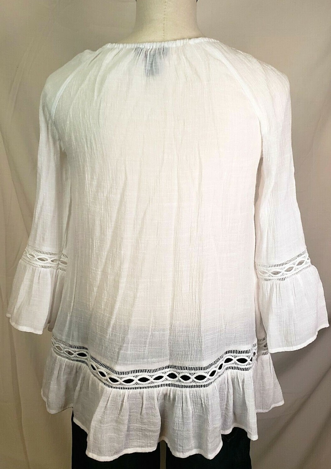 BYdesign Blouse Top 3/4 Sleeve Ruffle Eyelet Crinkled Beachy Boho Peasant size S