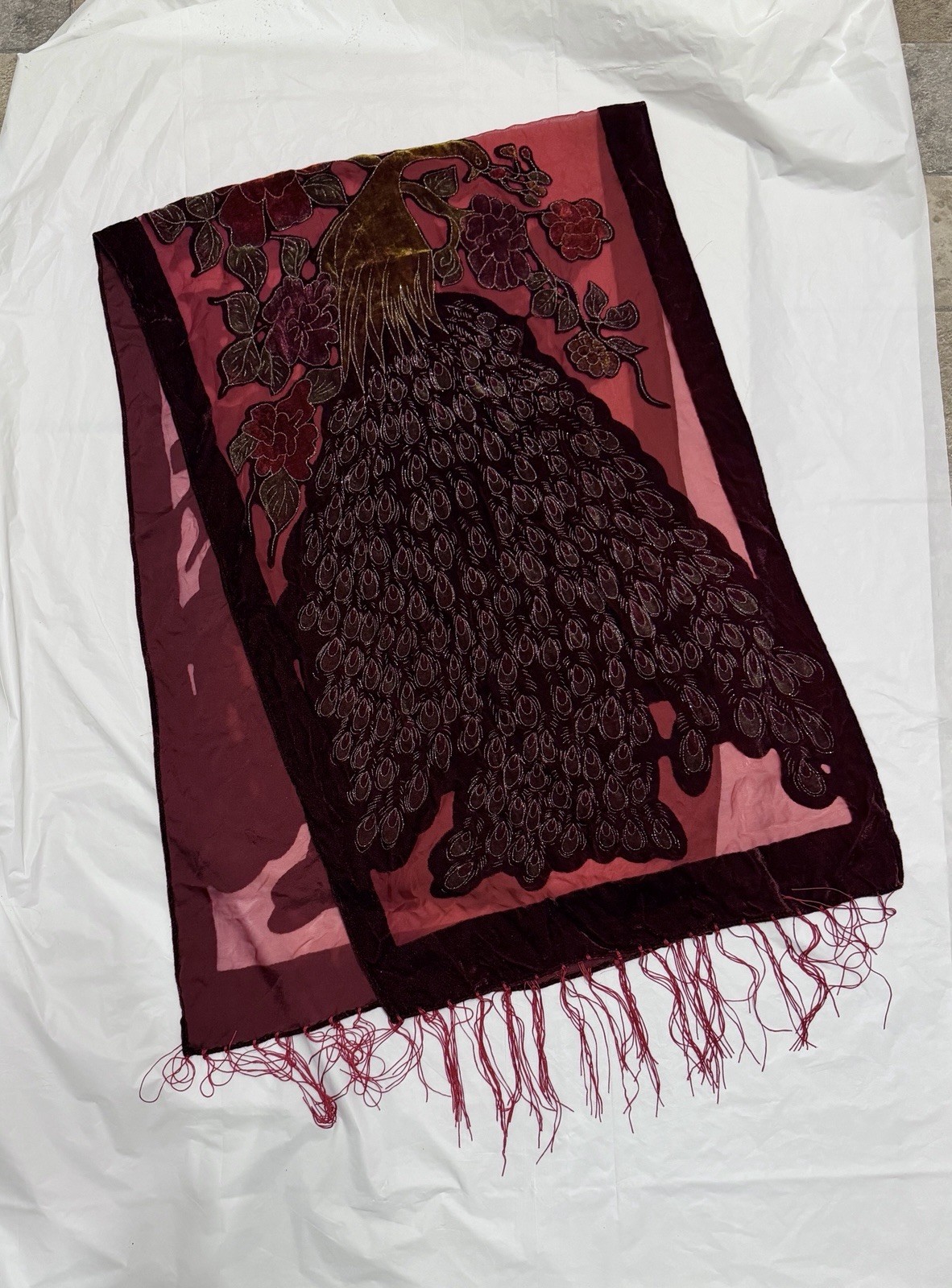 Velvet Peacock Table Runner Burgundy Pink Floral Fringe Embroidered 60″ Decor