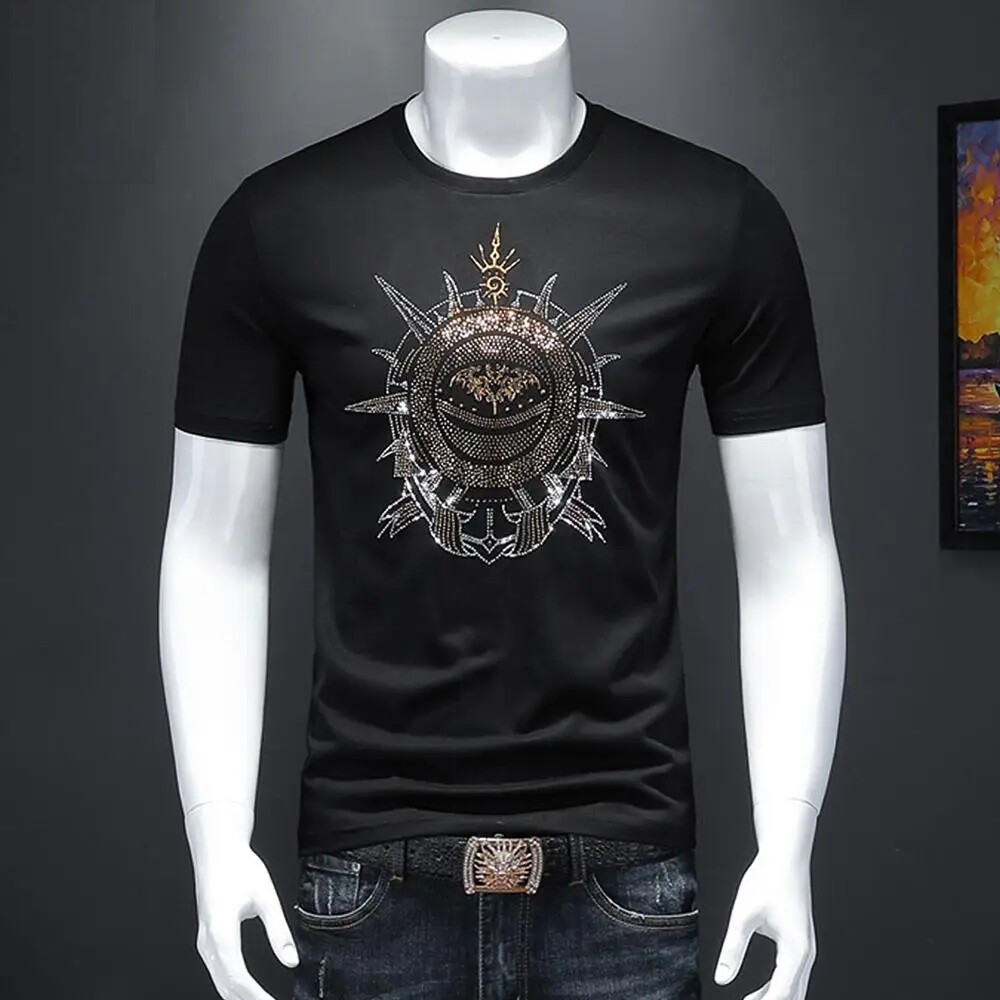 New Fashion Rhinestones Summer Short Sleeve Luxury Men Streetwear Casual T-Shirt