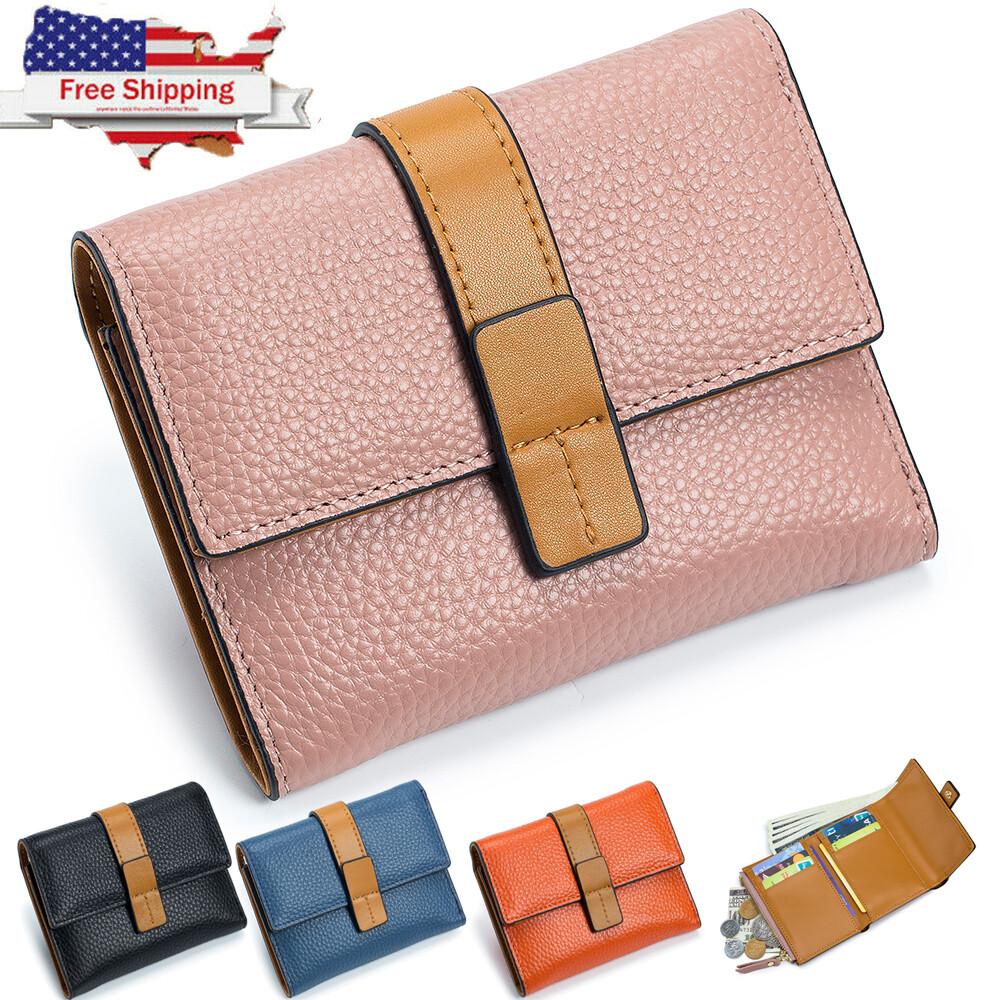 Women Trifold RFID Blocking Leather Clutch Wallet Hasp Card Holder Mini Handbag