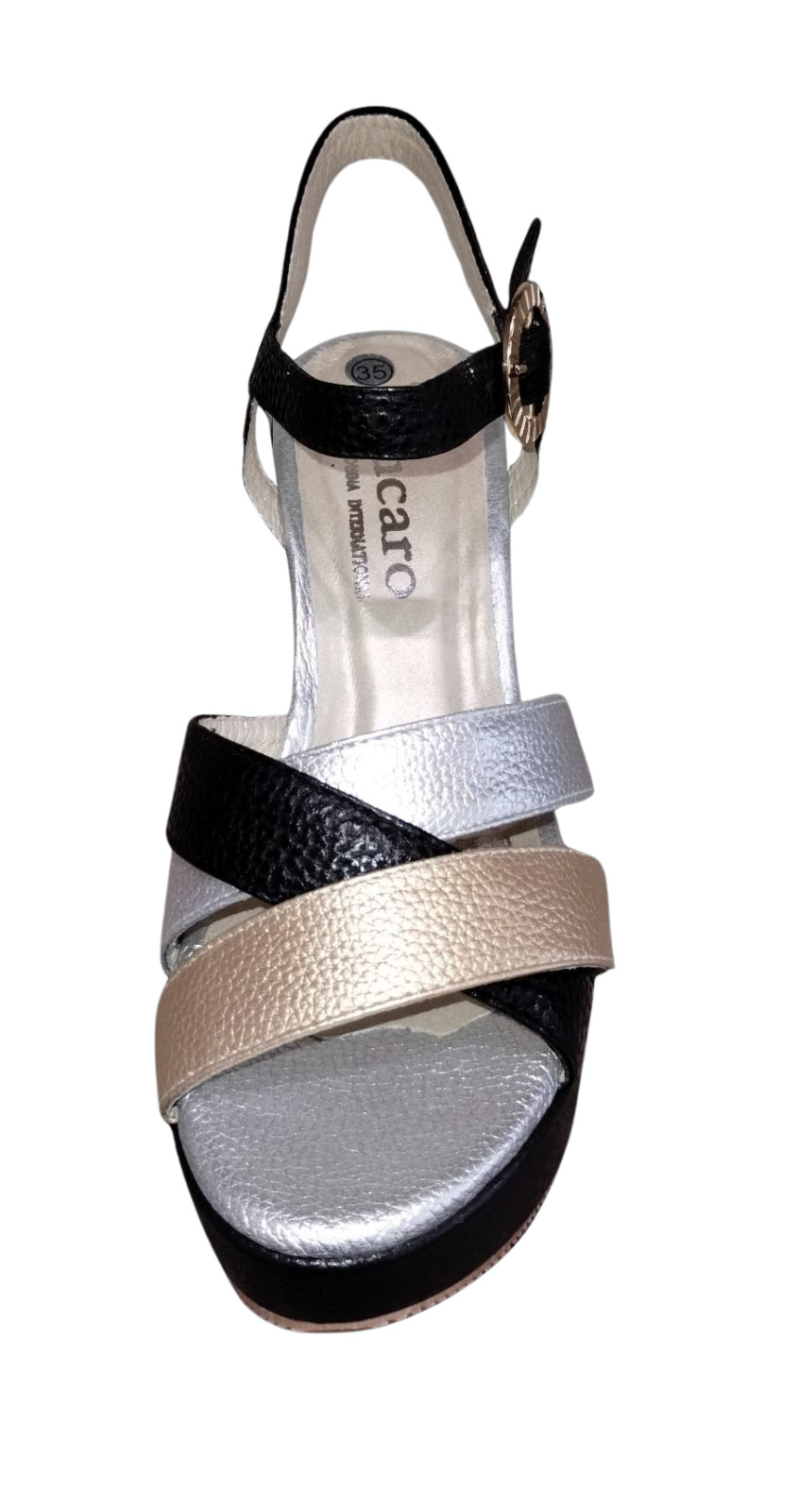 Sandal Woman Black Leather Platform with 3 straps