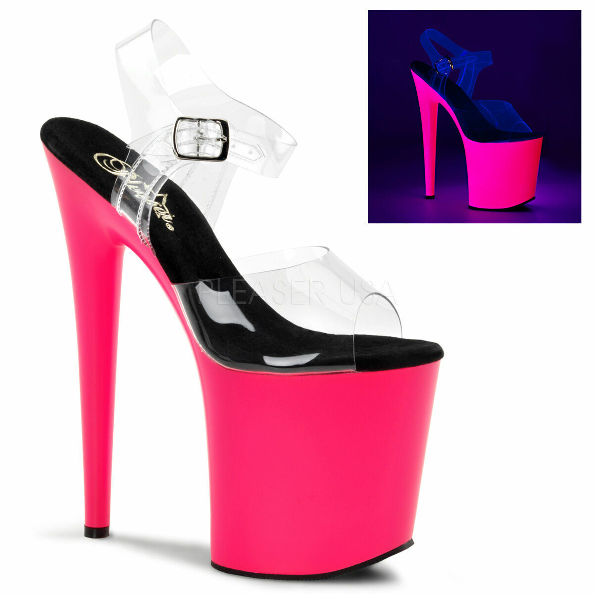 8″ Clear Neon Pink Platform Heels Stripper Shoes Glow in Dark Strap size 6 7 8 9